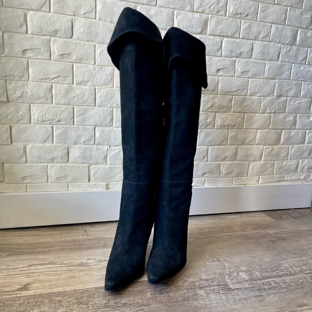 Stuart Weitzman Black Suede Button Down Cuffed Knee-High Heeled Boots Size 8.5 - Picture 6 of 16
